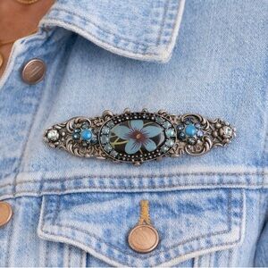 Vintage ORNA Signed Floral Enamel Brooch Blue Rhinestone Pin
